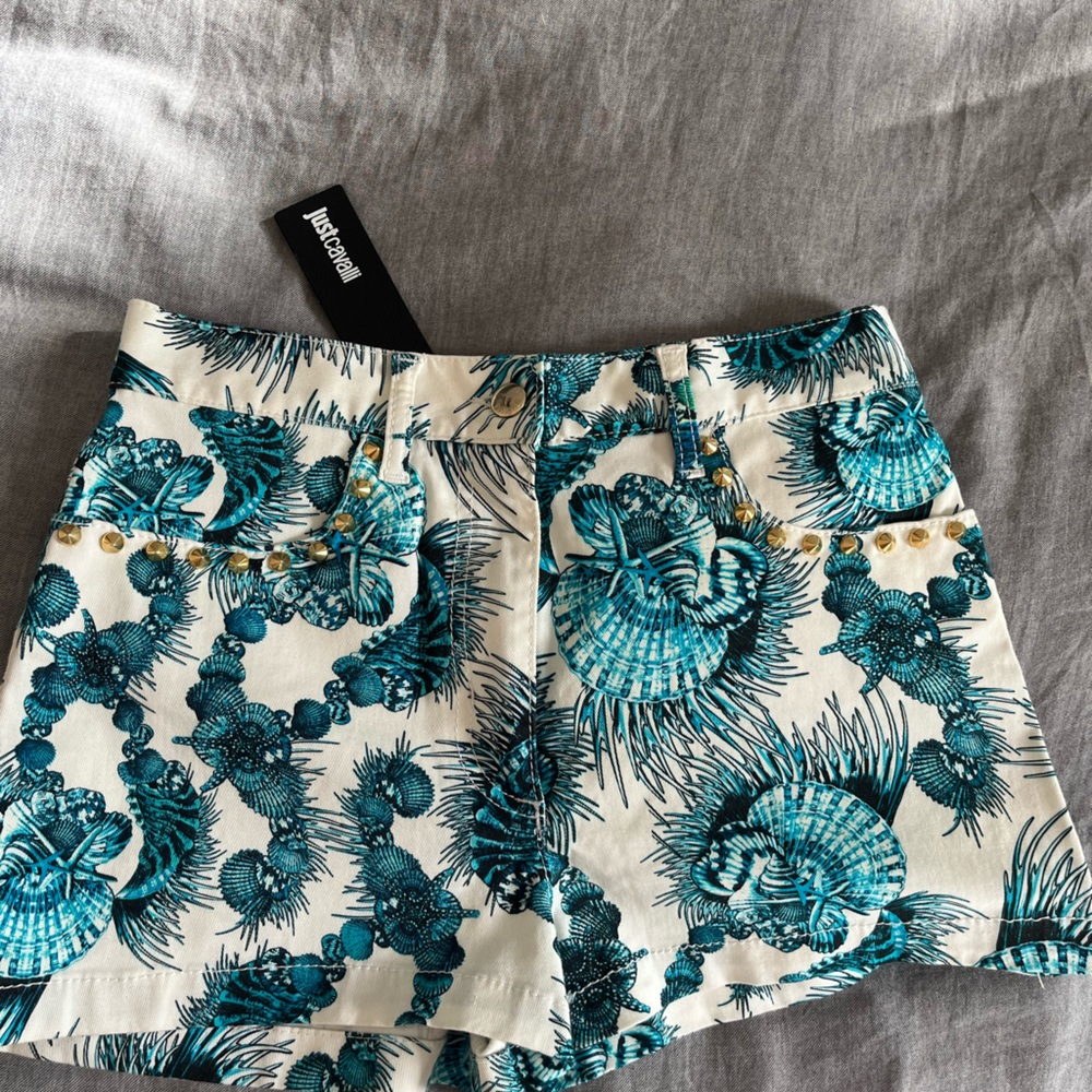 Roberto Cavalli pattern denim shorts with Gold studs